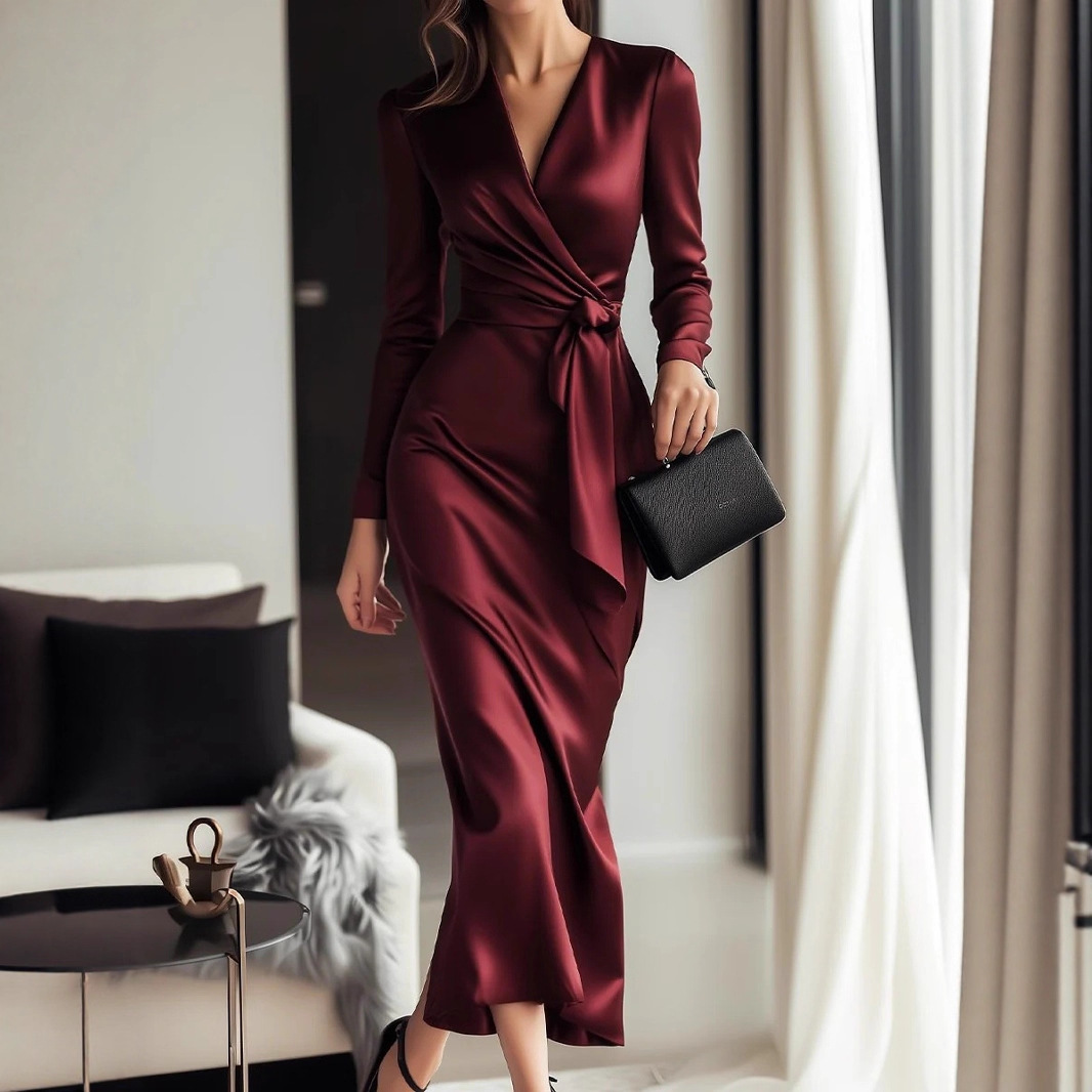 Women Formal Wear Trends - Autumn New Satin Long Sleeve Dress