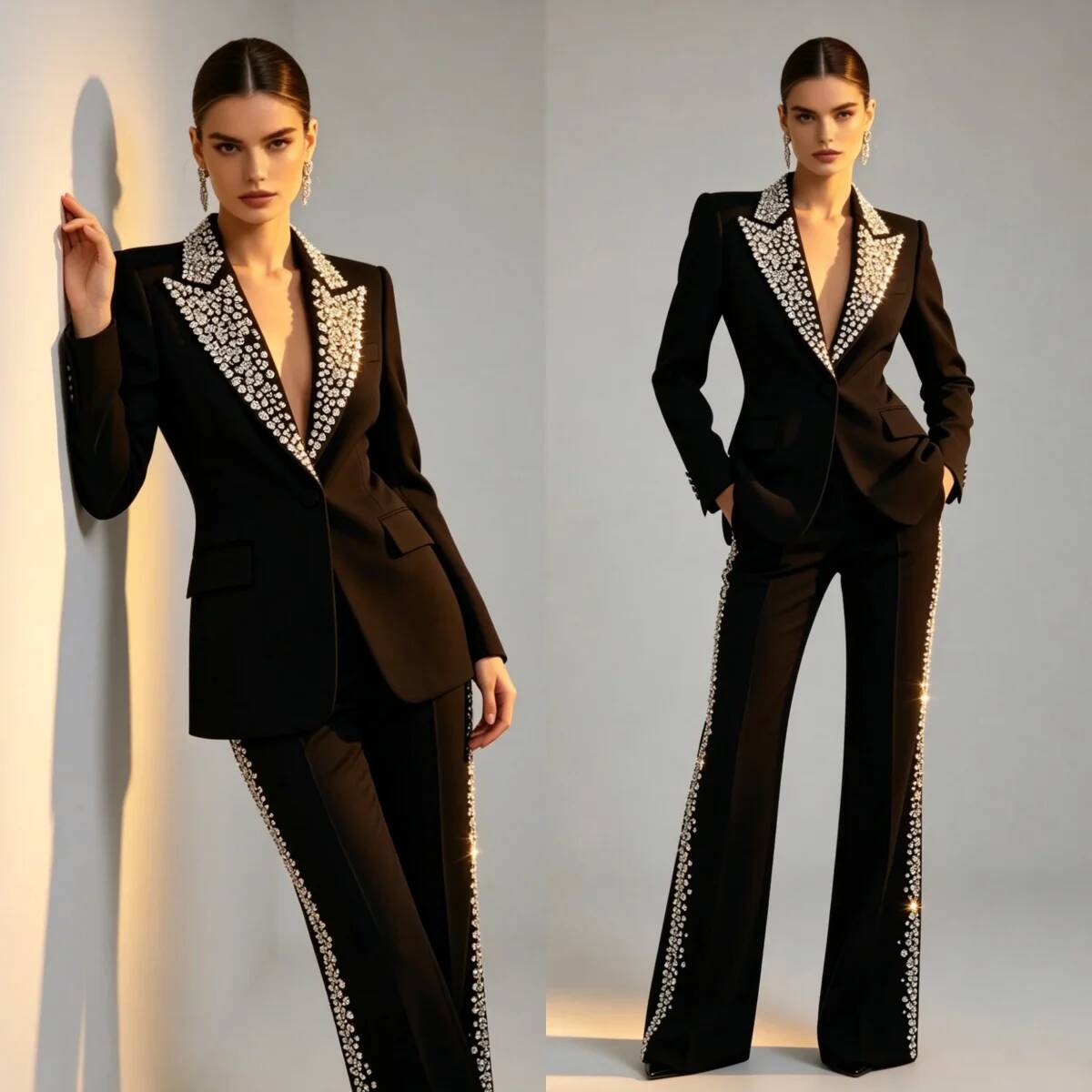 Women Formal Wear For Plus Size - Fashion Crystals 2 Pieces Suits Peaked