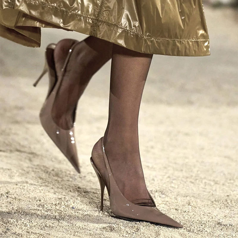Elegant Nude Gloss Patent Leat - Slingback Heel Formal 评论和价格