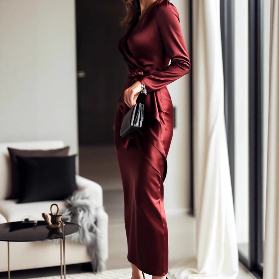 Autumn New Satin Long Sleeve D - Women Formal Wear Trends 评论和价格