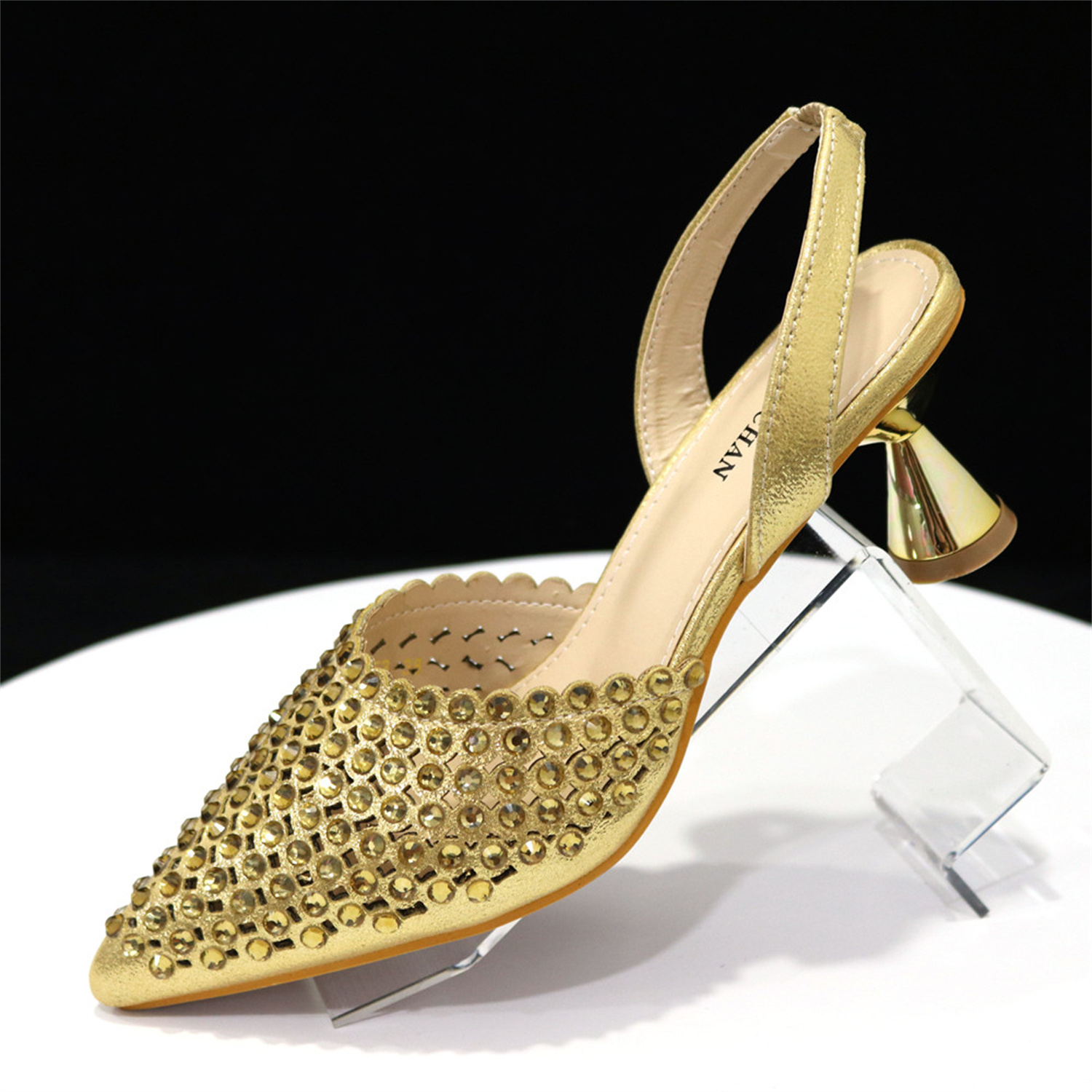 Shiny Gold Rhinestone Shoe & B - Slingback Heel Formal 评论和价格