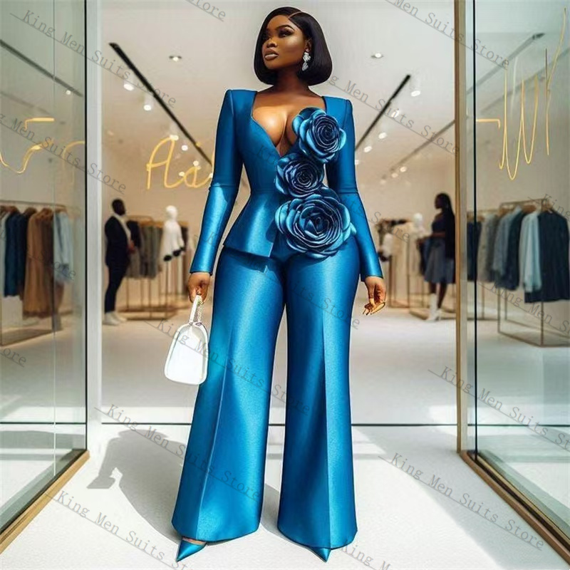 Blue Satin Women Suit Set 2 Pc - Women'S Formal Wear For A Wedding Guest 评论和价格