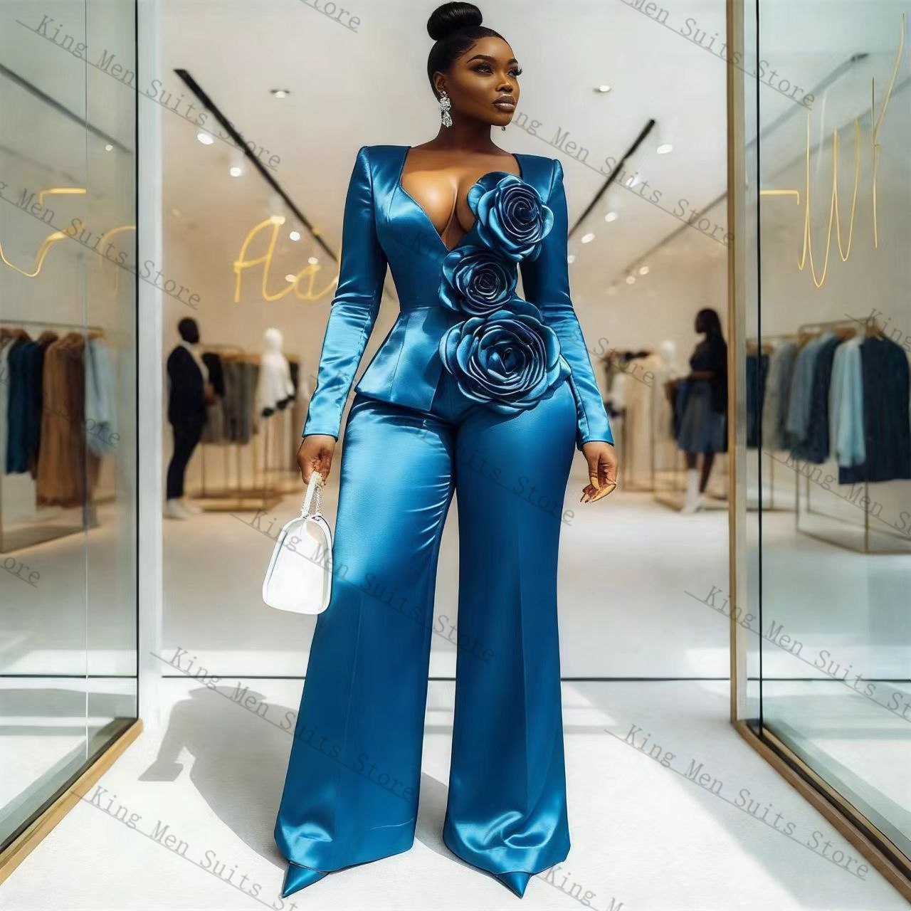 Blue Satin Women Suit Set 2 Pc - Women'S Formal Wear For A Wedding Guest 评论和价格
