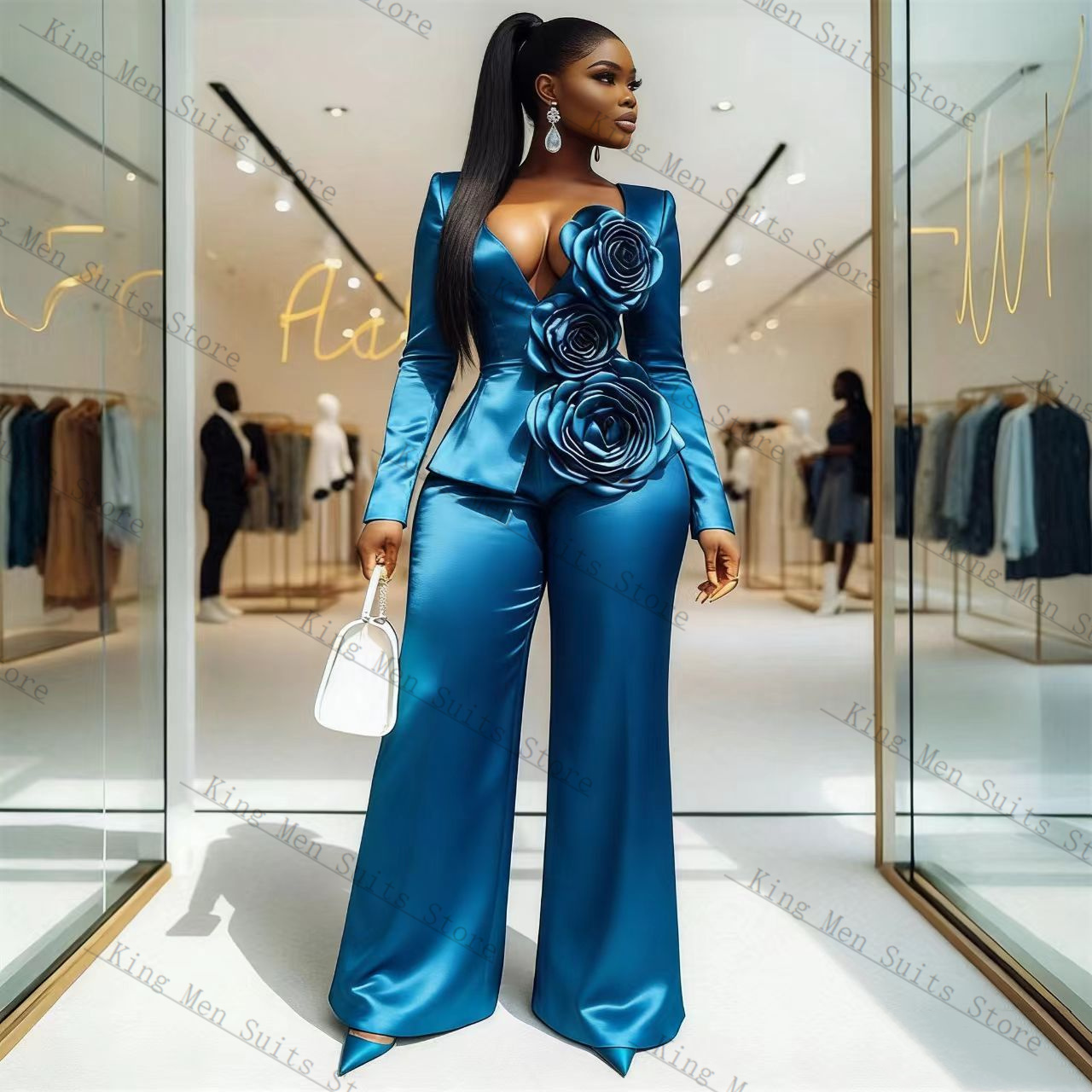 Blue Satin Women Suit Set 2 Pc - Women'S Formal Wear For A Wedding Guest 评论和价格